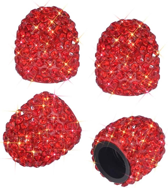 SAVORI Tire Valve Stem Caps, 4 Pack Handmade Rhinestone Bling Tire Valve Caps Crystal Universal Tire Caps for Car Wheels (Red)