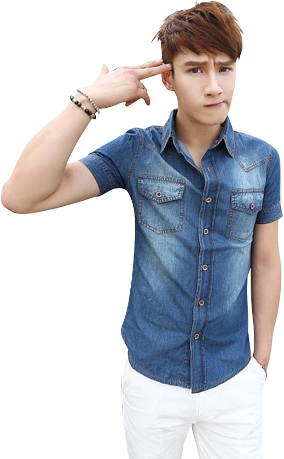 Amazon ノーブランド品 デニムシャツ メンズ 半袖 シャツ ブルーデニム 加工デニム ダンガリーシャツ ウォッシュド加工 シャツ 通販