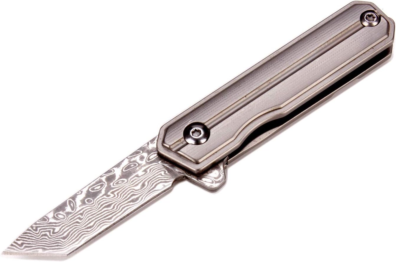 TD20 Mini Samurai Flipper Knife, 1.45 inches VG10 Damascus Tanto Blade, Grey 6AL4V Titanium Handle with Frame Lock, Small Folding Pocket Knife, Micro EDC Keychain Necklace Knives