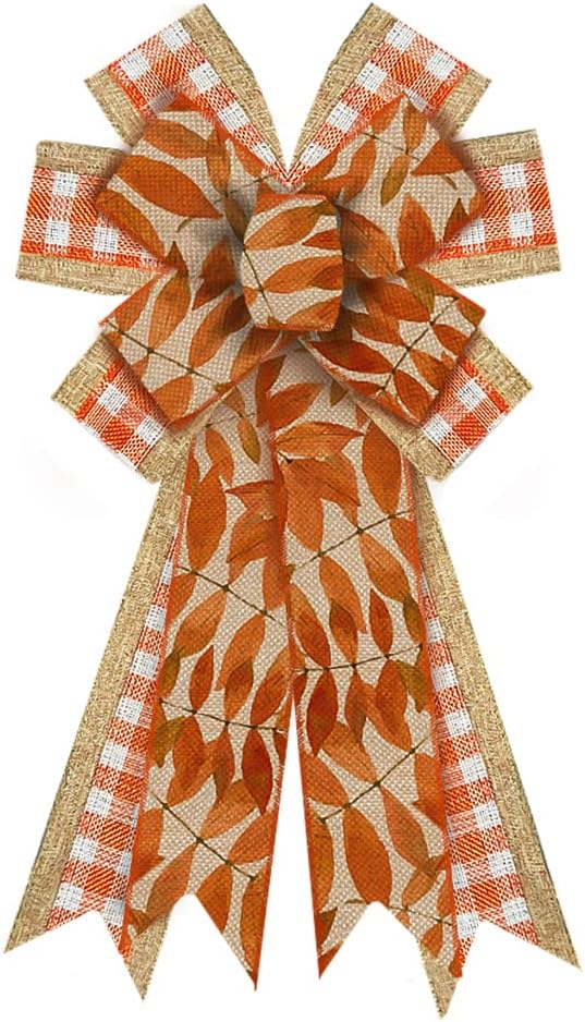 Bows & Ribbons - Large Fall Bow for Wreath, Burlap Orange White Buffalo Plaid Wreath Bow for Autumn Décor Autumn Leaf Bow for Front Door Indoor Outdoor Wall Tree Topper Decoration Supplies Thanksgiving Ornament