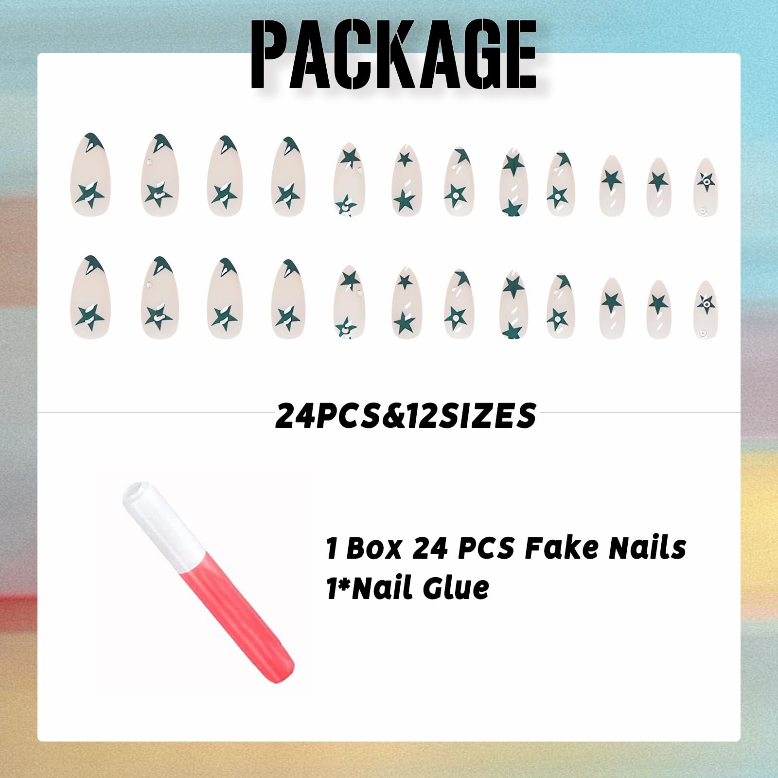 IMSOHOT Medium Press on Nails Almond Shape Nude Fake Nails Green Star Acrylic False Nails Rhinestone Full Cover Stiletto Artificial Nails for Women Girls 24pcs - Image 5