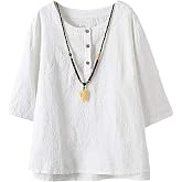 Minibee Women's 3/4 Sleeve Cotton Linen Jacquard Blouses Top T-Shirt