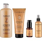 FARMASi Keratin Therapy Hair Care Set: Repairing Shampoo 12.2 fl oz, Hair Mask 6.7 fl oz, Leave-In Serum 1 fl oz, Repair Spray 3.9 fl oz for Dry Damaged Hair, Smoothness & Shine System