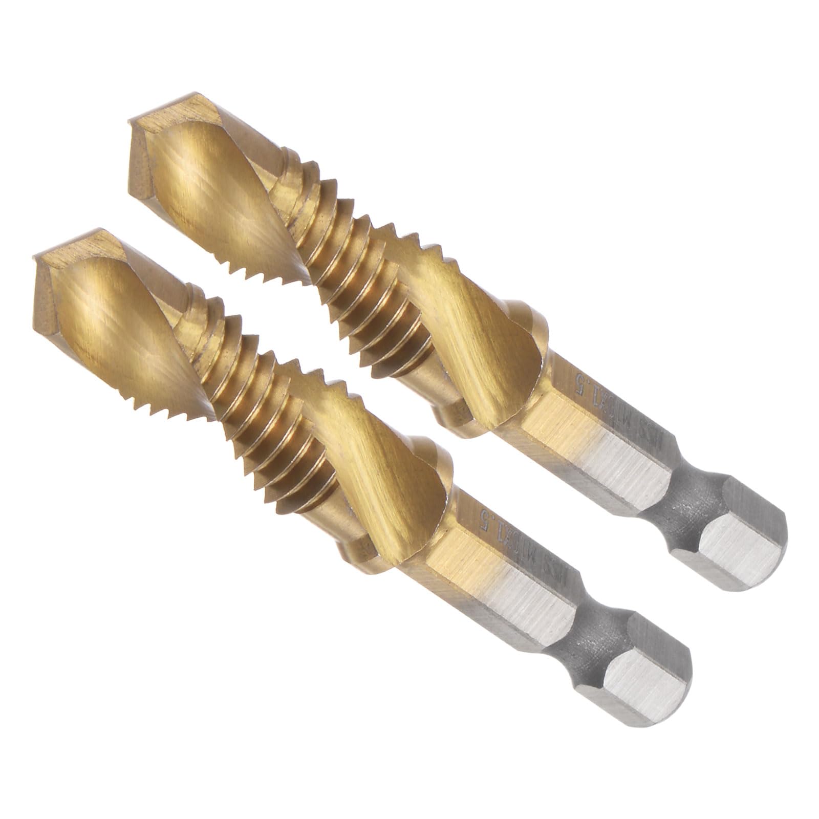 CoCud Combination Drill Tap Bit, M10 x 1.5 Thread Size 1/4" Hex Shank, 4341 Titanium Coated High Speed Steel Tools - (Applications: for Aluminum Stainless Steel Plastic), 2-Pieces
