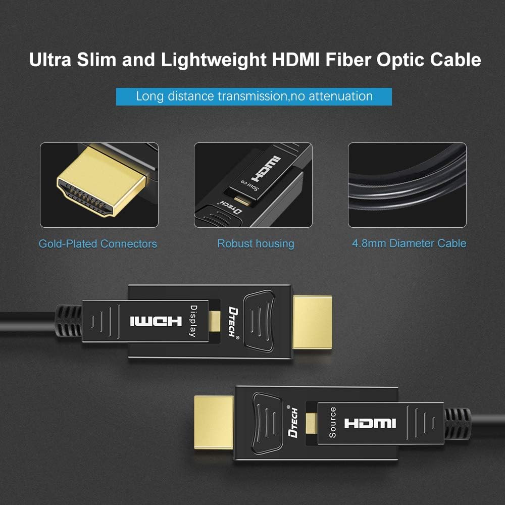 DTECH 8m Fiber Optic HDMI Cable 4K HDR 60Hz 4:4:4 18Gbps High Speed Ultra HD with Dual Micro HDMI and Standard HDMI Connector - Image 3