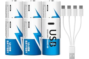 YUEBVIWIE Rechargeable Lithium C Batteries with 2 in 1 USB-C Charge Cable, C Cell Li-ion Battries, LR14 1.5V C Size Cell Battery Replacement 5000mWh for Floodlights, Remote Controls, Radios, Clocks, Toys(6 Pcs)