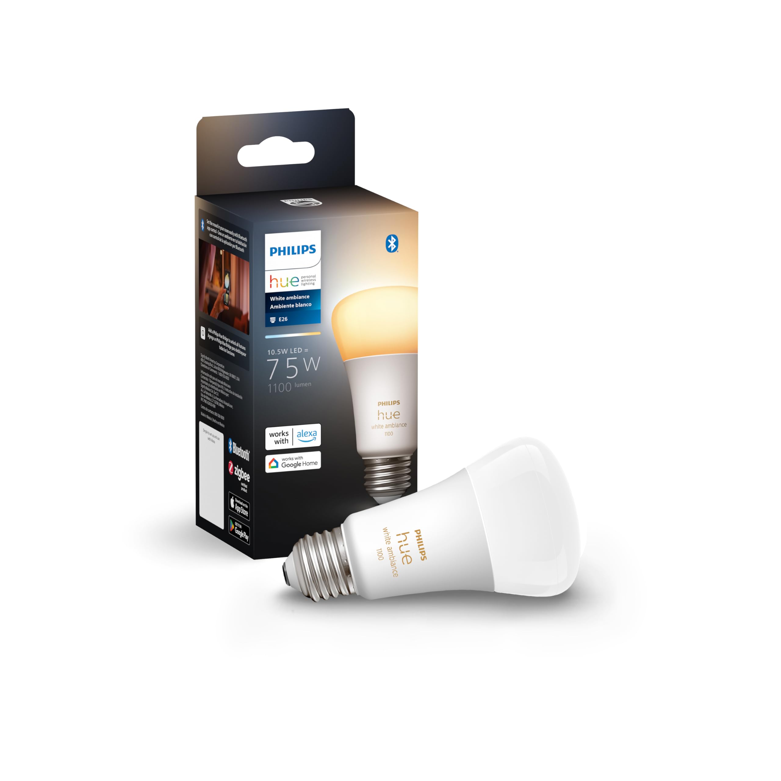 Photo 1 of Philips Hue Smart 75W A19 LED Bulb - White Ambiance Warm-to-Cool White Light - 1 Pack - 1100LM - E26 - Indoor - Control with Hue App - Works with Alexa, Google Assistant and Apple Homekit
