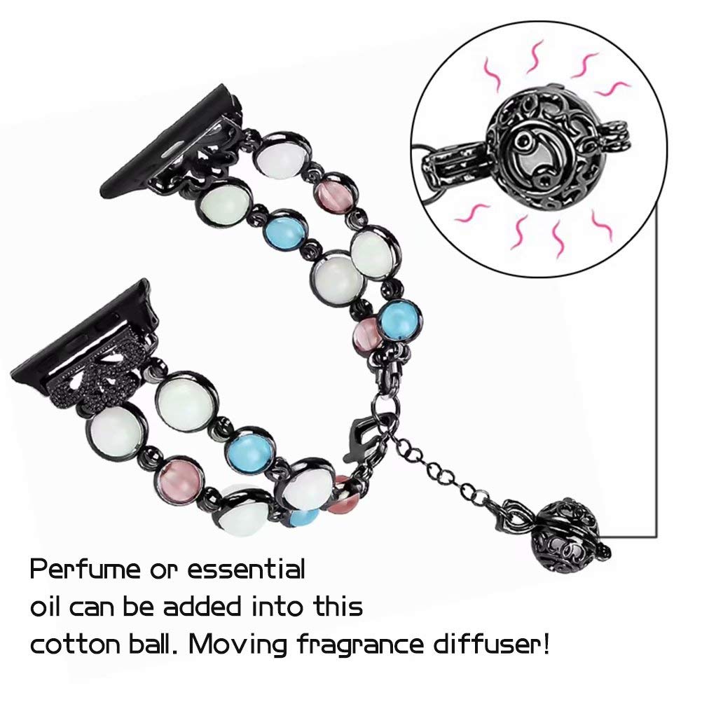 Jewelry Bracelet Compatible with Apple Watch Band Strap Wristband Handmade 42mm/44mm Iwatch Series 5/4/3/2/1, with Night Luminous watchband, Perfume/Oil Storage for Women & Girls 6.3-7.9 inch (Black)