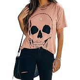 Veatzaer Womens Summer Cotton Graphic Shirts Short Sleeve Skull T Shirts | Skeleton Shirt, Crewneck, Distressed, Loose, Casual Tops, Rock and Roll, Band, Concert, Edgy, Grunge, Punk, Emo