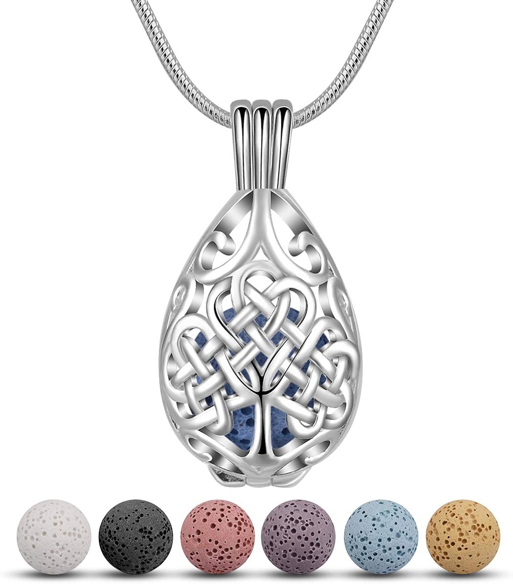 CELESTIA Aromatherapy Essentail Oil Diffuser Necklace for Women Silver Plated Celtic Tree of Life Locket Pendant with 7 Lava-24" Chain