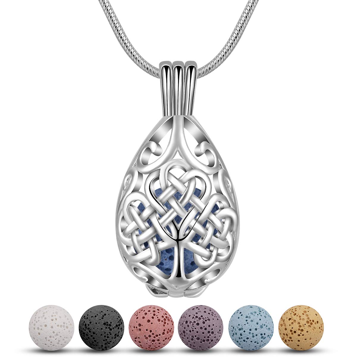 CELESTIA Aromatherapy Essentail Oil Diffuser Necklace for Women Silver Plated Celtic Tree of Life Locket Pendant with 7 Lava-24" Chain, Meditation Relaxation Gifts for Women