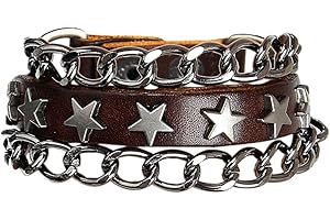 Xusamss Hip Hop Rivet Chain Leather Bracelet Alloy Star Cuff Bracelet,7.5inches