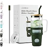 Spreccio Glass Tumbler with Straw and Lid, 32oz Reusable Iced Coffee Tumbler with Handle Green, Glass Water Bottles Fit in Cup Holder, Smoothie Cup with Lid, Clear Water Bottle with Straw