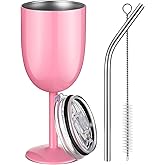 Ninehaoou 1 Pc Insulated Wine Tumbler with Lid Straw Brush 10oz Stainless Steel Glasses Cups Double Walled Vacuum Insulated Wine Tumbler for Christmas Women Men Holiday Birthday Gifts (Pink)