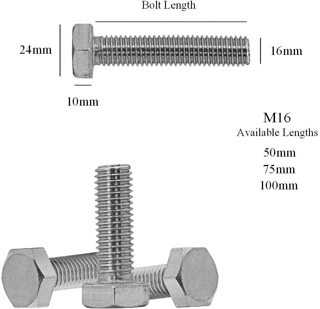 Fully Threaded Bright Zinc Plated 2 x Hex Head Set Screw Bolts M16 x