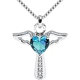 Ckysee Silver Plated Angel Birthstone Necklace,Cubic Zirconia Cross Necklace for Women,First Communion Baptism Gifts
