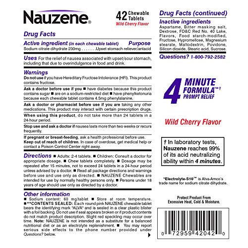 Nauzene Upset Stomach & Nausea Chewable Tablets Flavor, Wild Cherry, 42 Count (Pack of 1