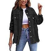 Women's Casual Ripped Denim Jacket Oversized Long Sleeve Button Down Raw Hem Distressed Jean Jackets
