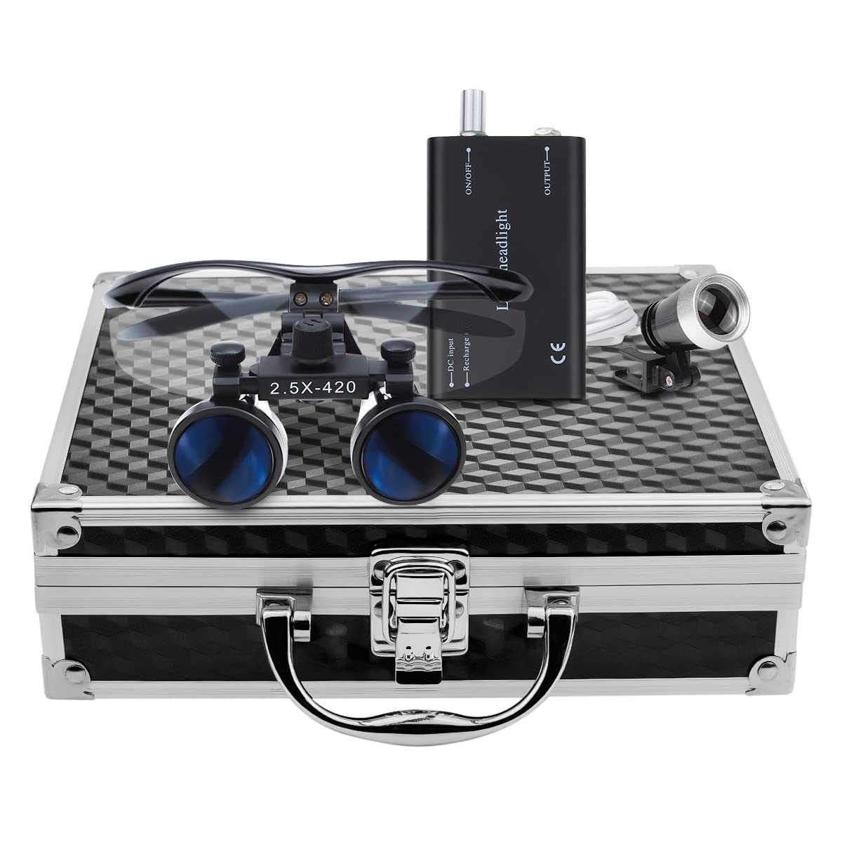 BoNew Surgical Binocular Loupes Optical Glass 2.5X 420mm Working Distance with 3W LED Head Light Lamp Black Aluminum Box