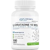 Puregen Labs Allergy Relief, Loratadine 10mg, 100 Tablets for Runny Nose | Sneezing, Itchy Watery Eyes, 24 Hour Non-Drowsy Antihistamine Allergy Medicine for Runny Nose, Allergy Loratadine Pills