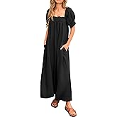 KIRUNDO Women 2026 Summer Maxi Dress Casual Loose Puff Sleeve Square Neck Maternity Flowy Long Beach Dresses with Pockets