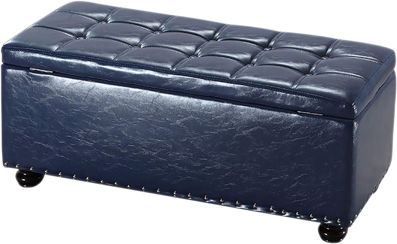NTBST Bedroom Ottoman Bench with Storage, Multi-Purpose Faux Leather Footstools Rectangular Storage Stool,Blue_24x16x18inch