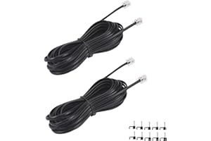 YIENFBEV 15FT Telephone Extension Cord Cable, Landline Phone Line Wire with RJ11 6P4C Plugs, Includes Cable Clips - Black - 2 Pack