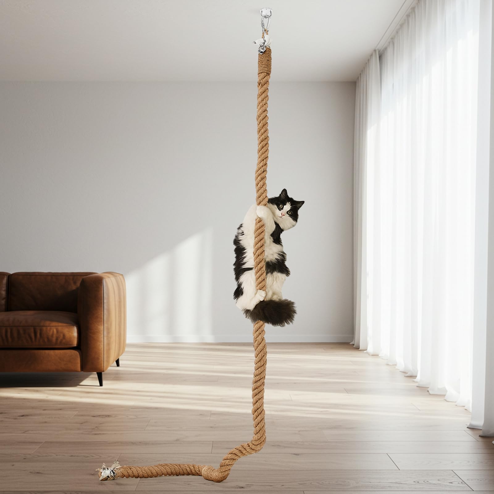 Photo 1 of Weysat 1.97'' x 8.9 ft Cat Climbing Jute Rope with Hook Ceiling Wall Mounted Kitten Scratching Post Climbing Rope Toy for Indoor Outdoor Cats