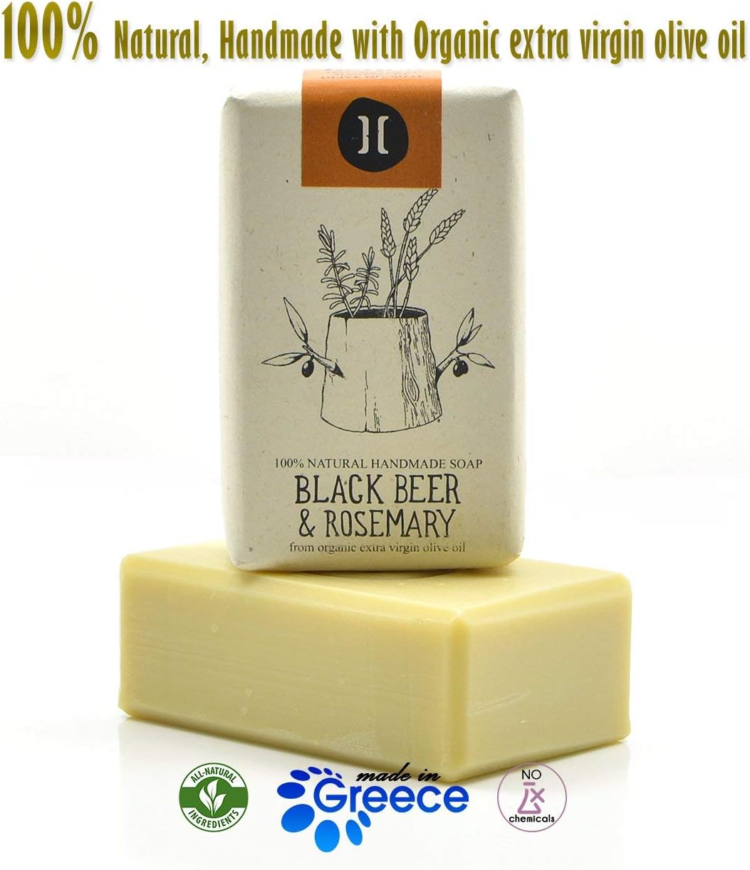 Natural Handmade Organic Olive Oil Soap, Luxury Soap Bar Helleo (4.2 oz, Beer, Rosemary)