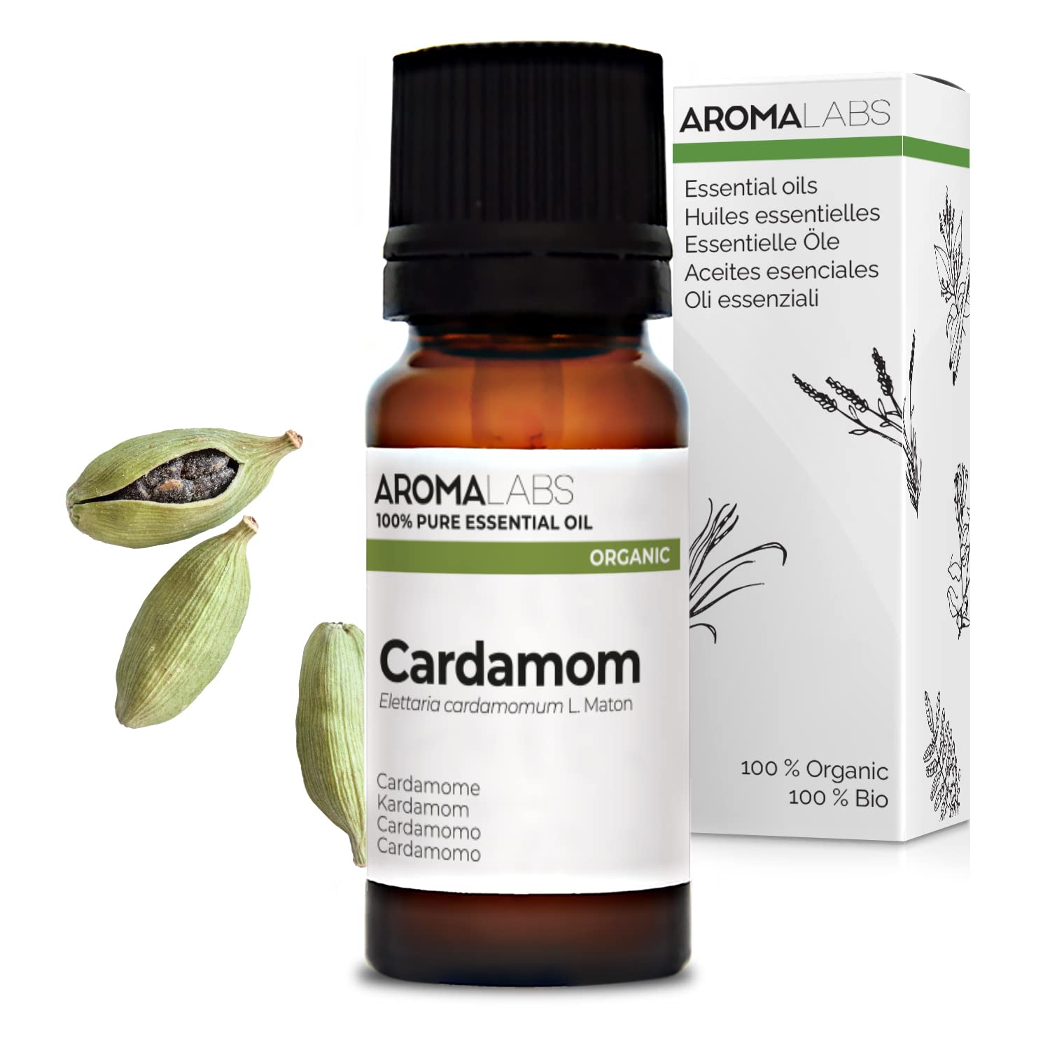 BIO - Cardamom Essential Oil - 10mL - 100% Pure, Natural, Chemotyped and AB Certified - AROMA LABS (French Brand)