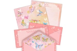 Anzon Mories 72 Pieces Stationery Set (48 Sheets Paper & 24 Pcs Envelopes) 8.5 x 11 In, Girls Pink Watercolor Butterfly Thick Letter Writing Stationary, One Side Lined, Thank You Birthday Invitation