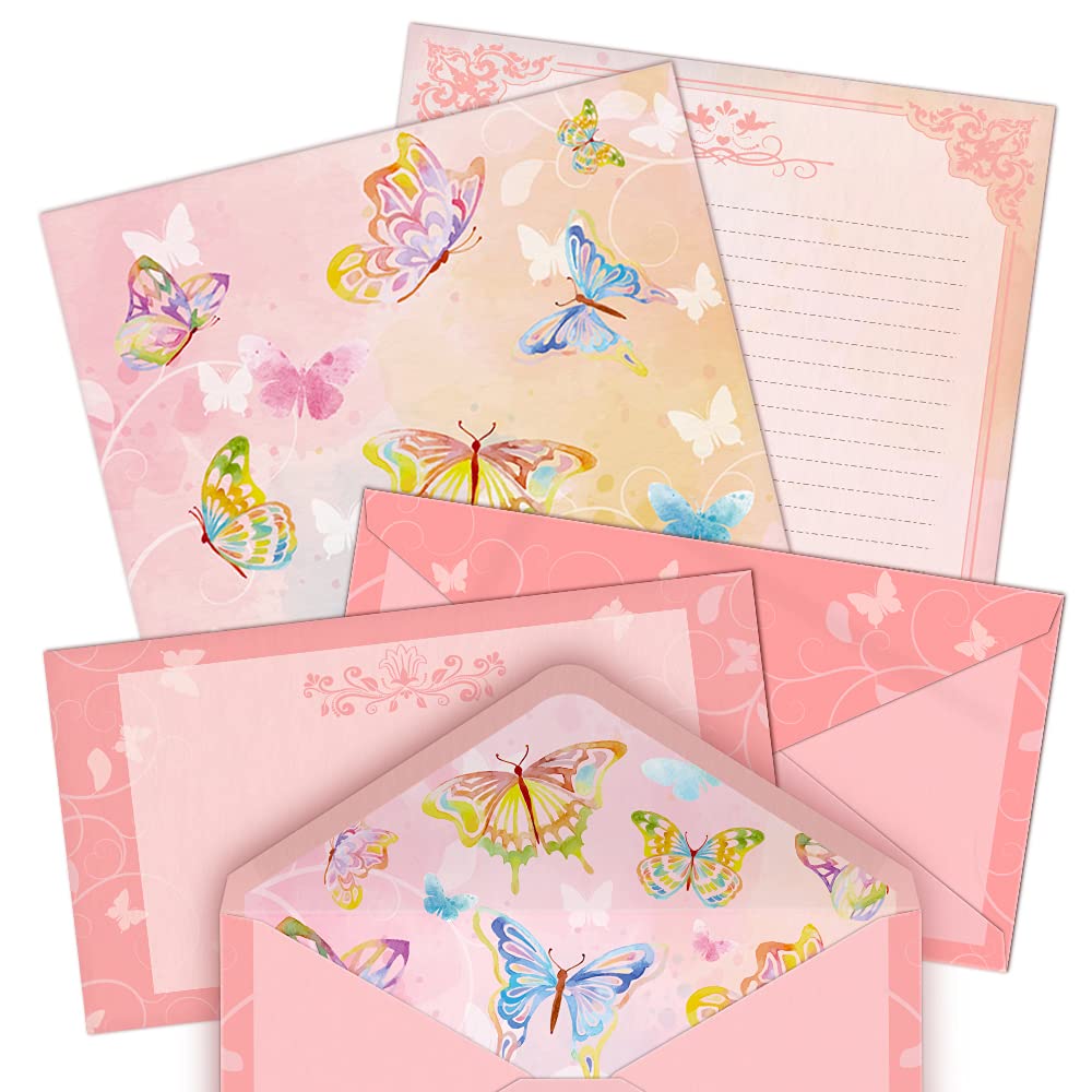 Watercolor Butterfly Stationery Paper (Lined Single Side) 48 Pieces and Self-Sealing Envelopes 24 PC Set, 100GSM Heavy Weight, Pink Letter Writing Stationary 11" x 8.5" with Letterhead