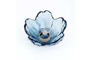BIHOIB Crystal Blue Flower Ring Dish Jewelry Tray, Decorative Glass Trinket Dish, Modern Accent Tray for Vanity