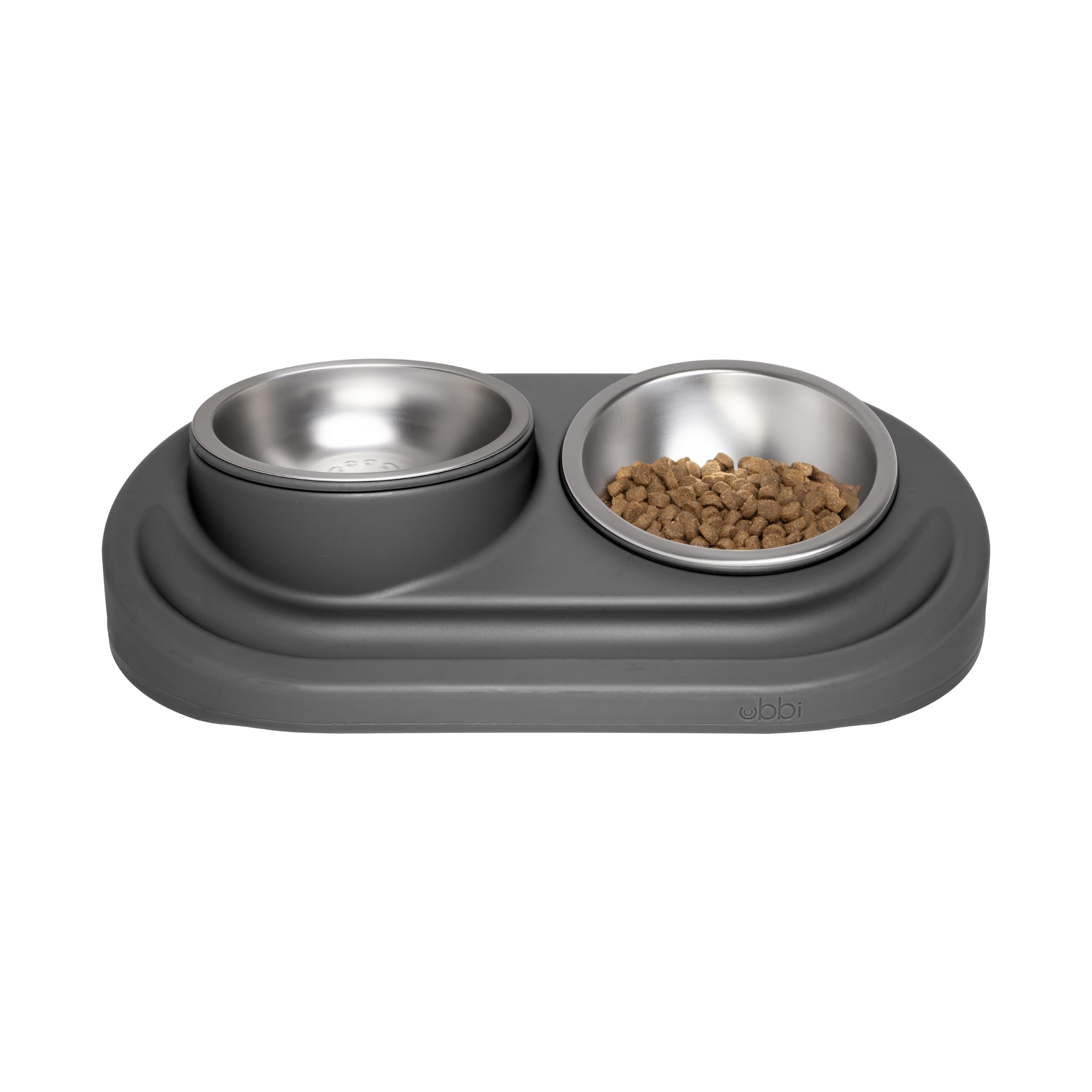Ubbi Pet Feeding Bowls Set, One Elevated and One Flat Stainless Steel Bowl with Non-Slip Mat, Pet Feeder Bowls for Dogs or Cats, Ergonomic Design, Charcoal