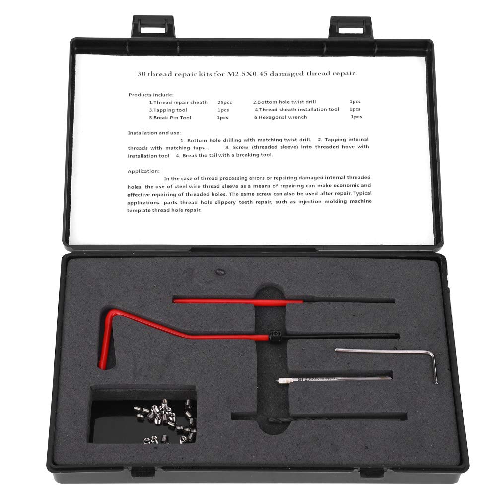 30Pcs Thread Repair Kit Stainless Steel Thread Repair Insert Kit M2.5x0.45mm Metric Thread Inserts Twist Drill Wrench Tap Set Hand Tools with Storage Box