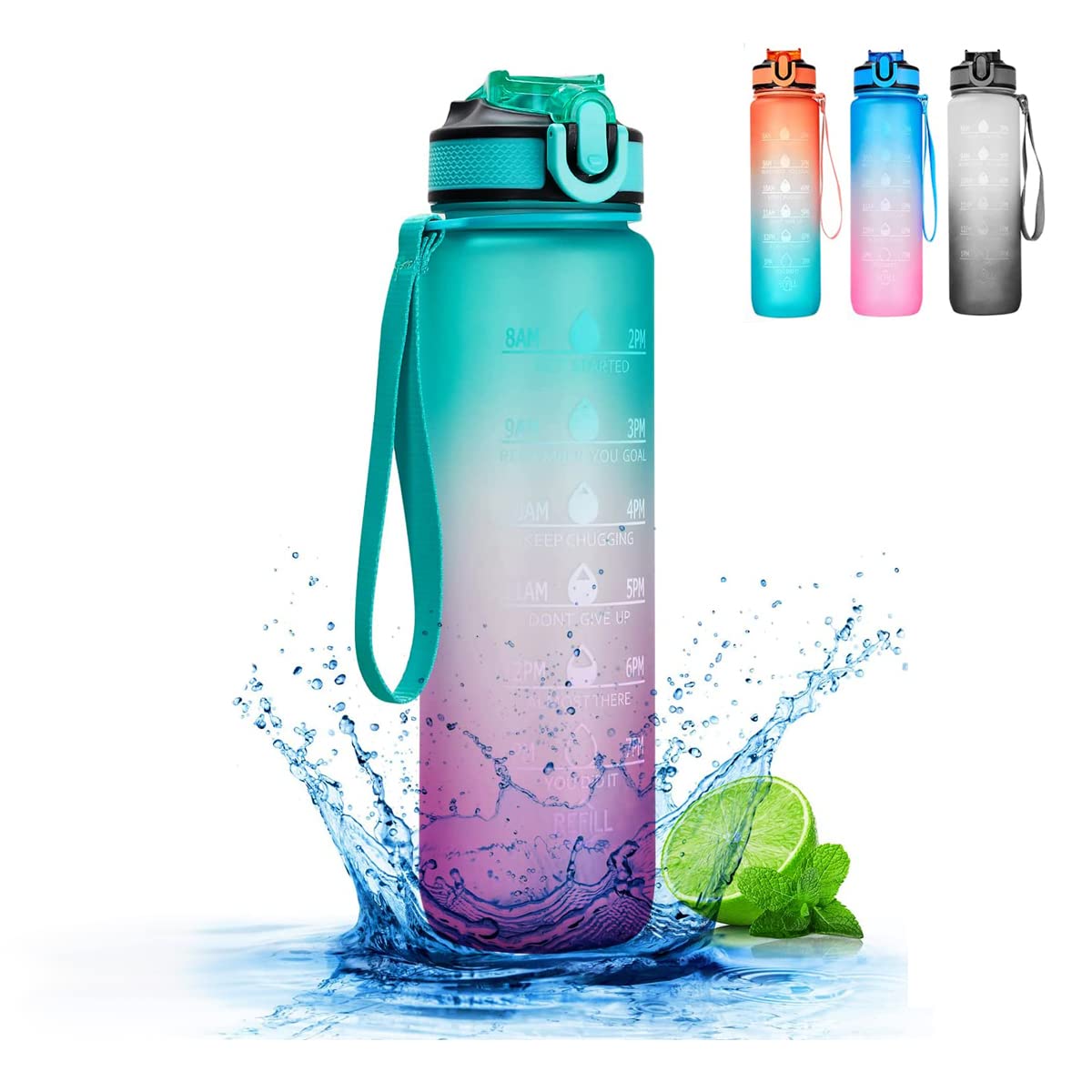Otcmuky Sports Water Bottle 1L with Time Markings & Straw, Motivational Water Bottle with Leakproof Secure Locking Lid for Sports, Fitness, Gym, Cycling, School, Office Green