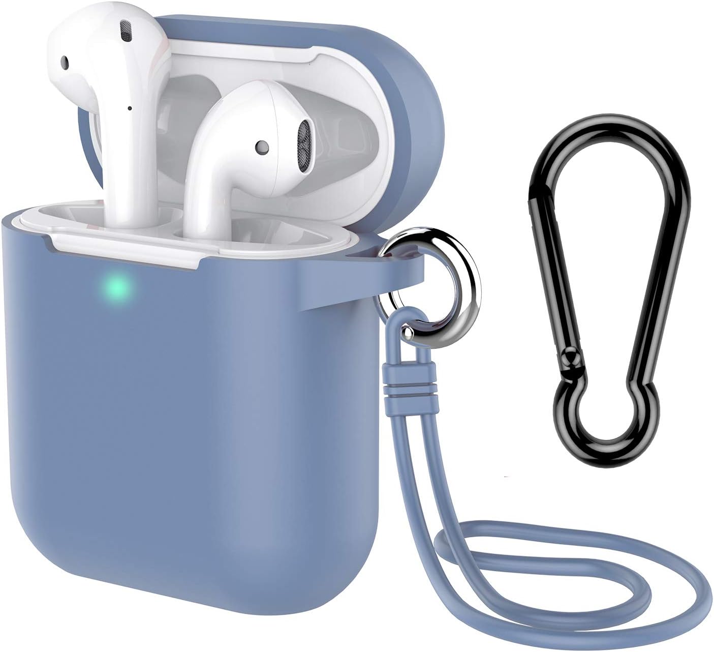 AirPods Case with Keychain, Coffea Silicone Protective Case with Stap for AirPods 2 & 1 [Front LED Visible] (Grayish Blue)