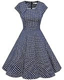 Homrain Women's 1950s Retro Vintage A-Line Cap Sleeve Cocktail Swing Party Dress Navy Small White Dot 2XL