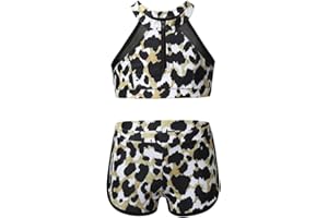 MSemis Girls' Kids 2-Piece Sport Dance Outfit Crop Top with Booty Shorts Gymnastics Leotard Dancing Swimwear