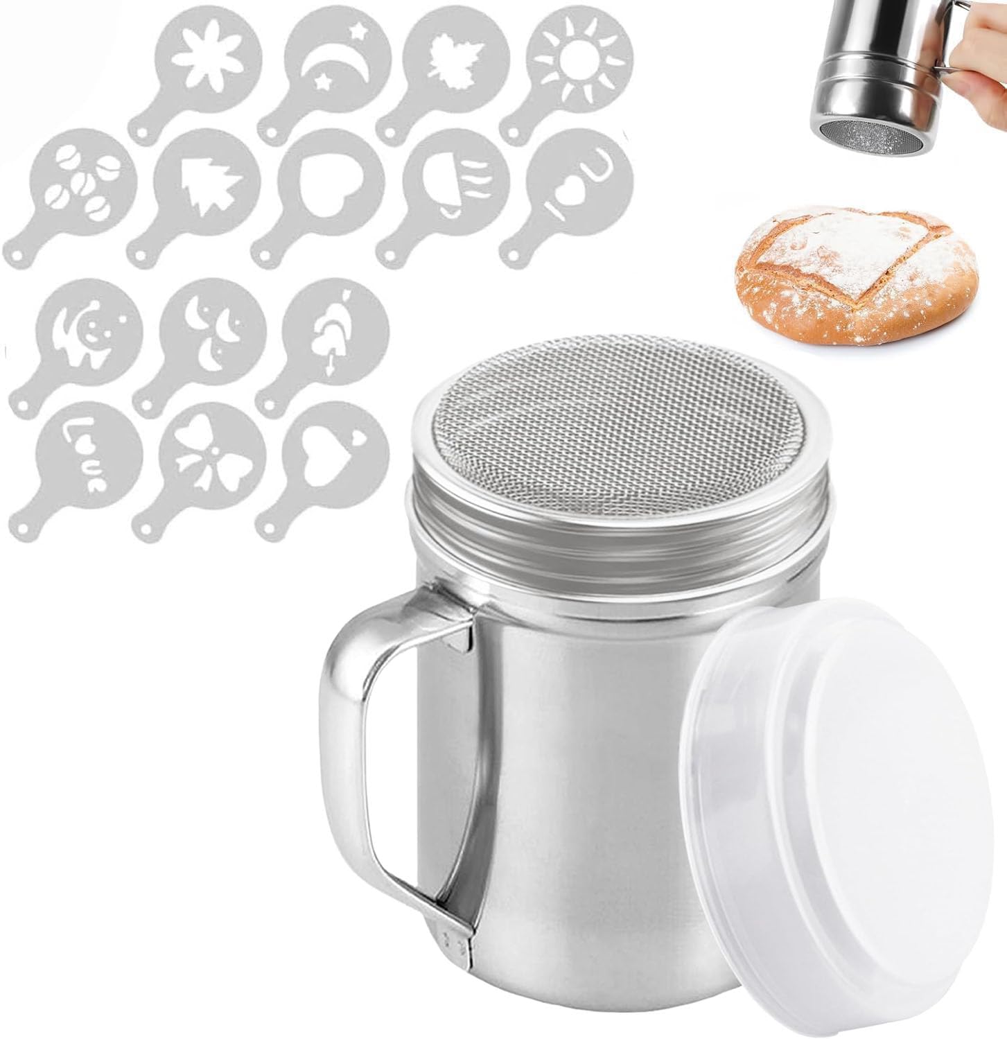 Chocolate Shaker with Handle Stainless Steel Powder Shaker Set Flour Sugar Salt Shaker with 16 Coffee Molds Salt Cocoa Flour Coffee Sifter for Kitchen Craft Icing Sugar Cake Flour