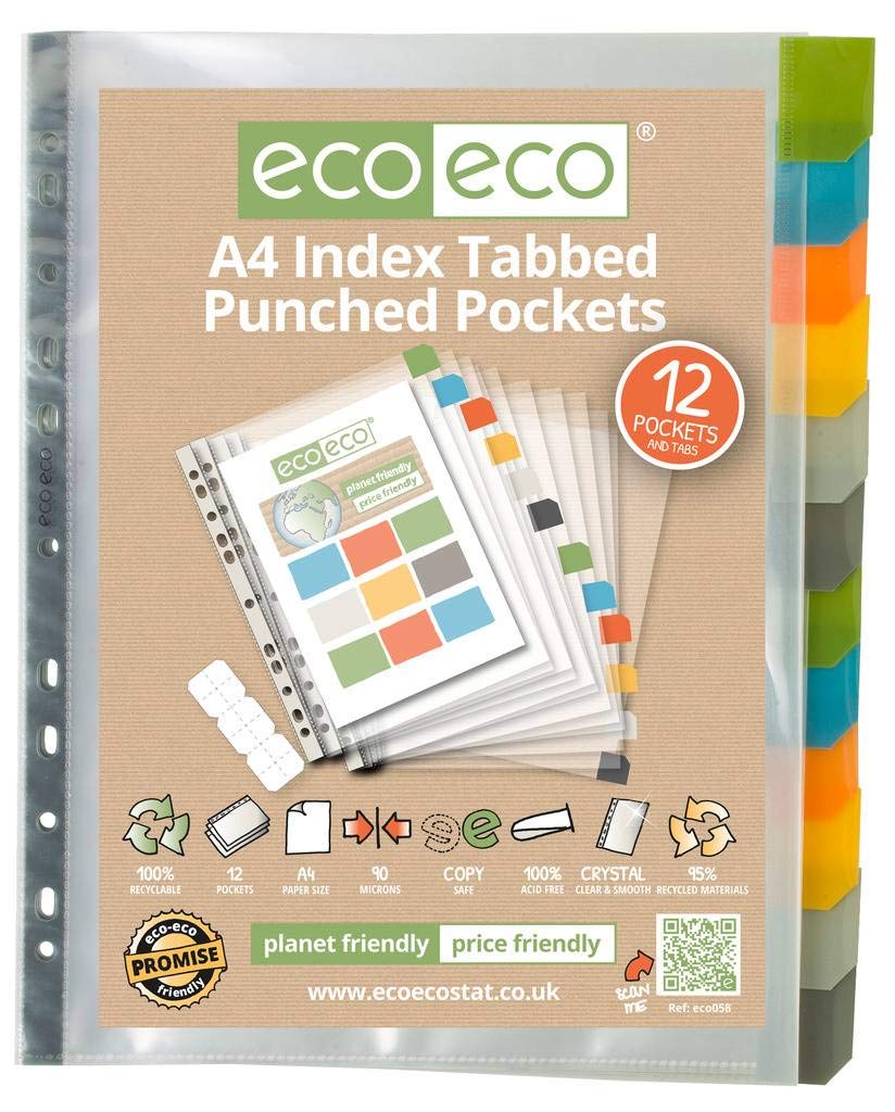 eco-eco A4 95% Recycled Clear Index Tabbed Premier Punched Pockets 1 x 12