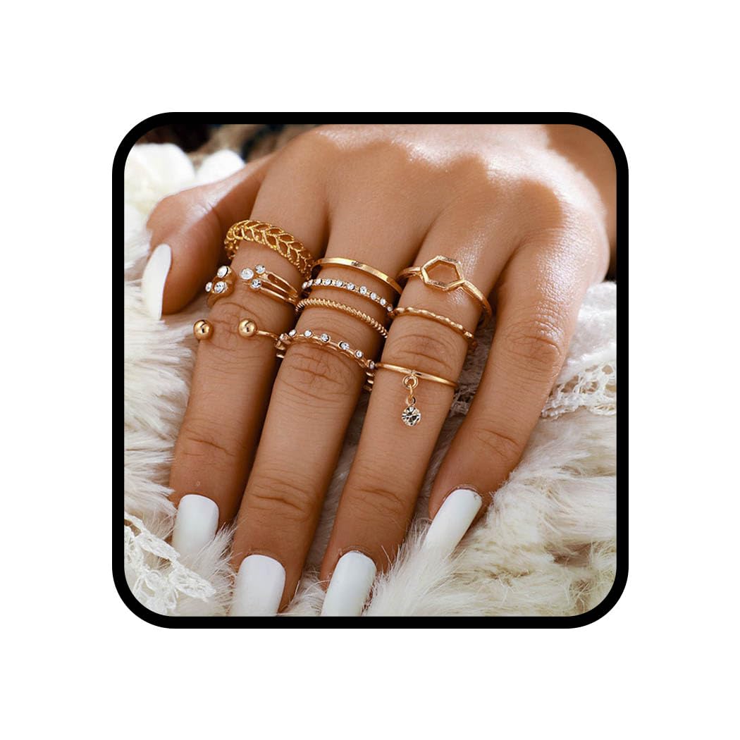 Ushiny Crystal Knuckle Rings Gold Adjustable Finger Rings Stackable Carved Ring Set Jewelry Accessories for Women and Girls (8pcs)