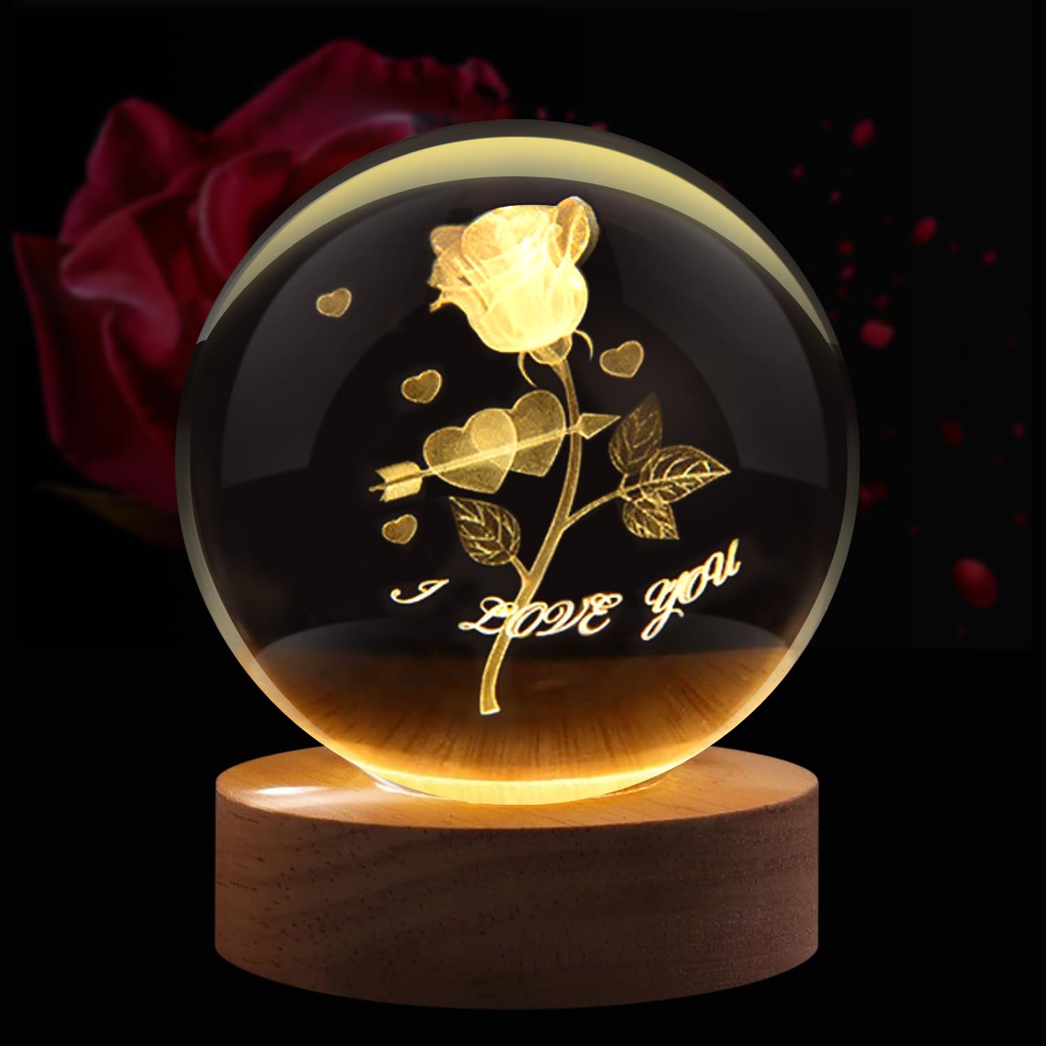 Flexzion 3D Rose Crystal Ball Night Light - LED Light Hologram Glass Lamp with Solid Wood Base, USB Powered Crystal Ball Lamp with Adjustable Brightness for Home Decor Display Gift, 2.4inch(60mm)
