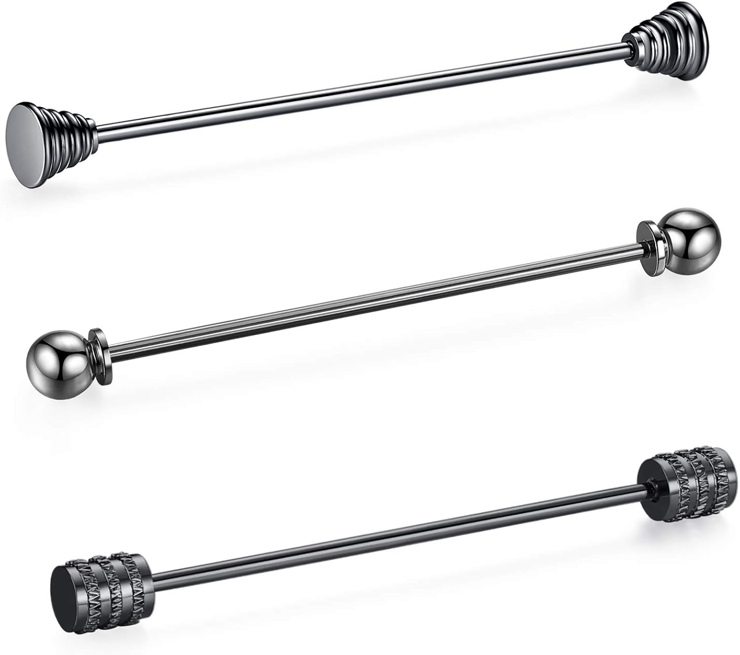 HONEY BEAR Tie Collar Bar Pins 3pcs Set Brooches for Shirts,Stainless Steel for Business Wedding Gift,Silver,65mm (Mix A without box Black)