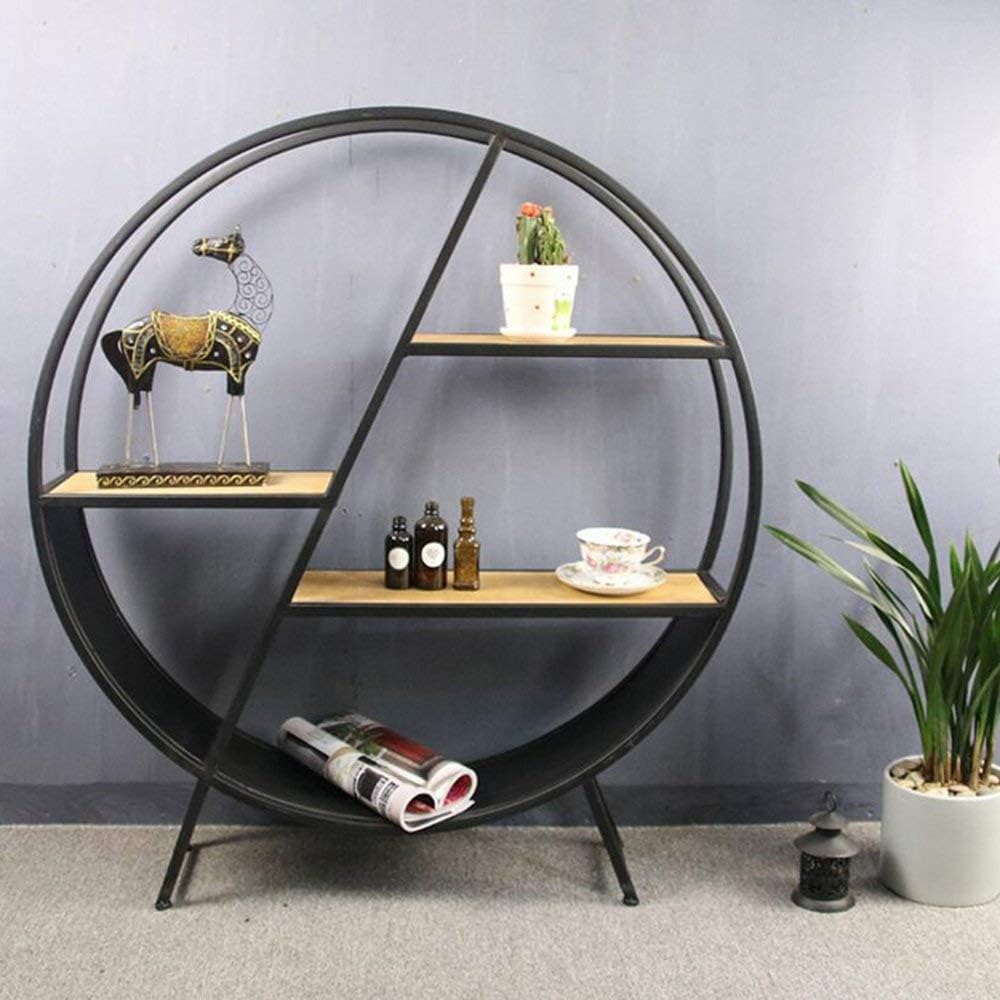 Shelves ZR- Shelf Round Wrought Iron Floor Racks Decorative Ornaments American Vintage Restaurant Wine Rack (Color : Wooden with shelf)