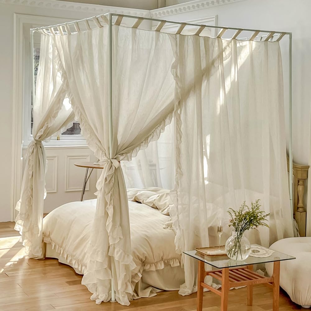 Photo 1 of Mengersi Canopy Bed Curtains,Linen Bed Canopy Curtains 4 Corner Bed Drapes Canopy Curtains for Bedroom Decor (Ivory,Full)