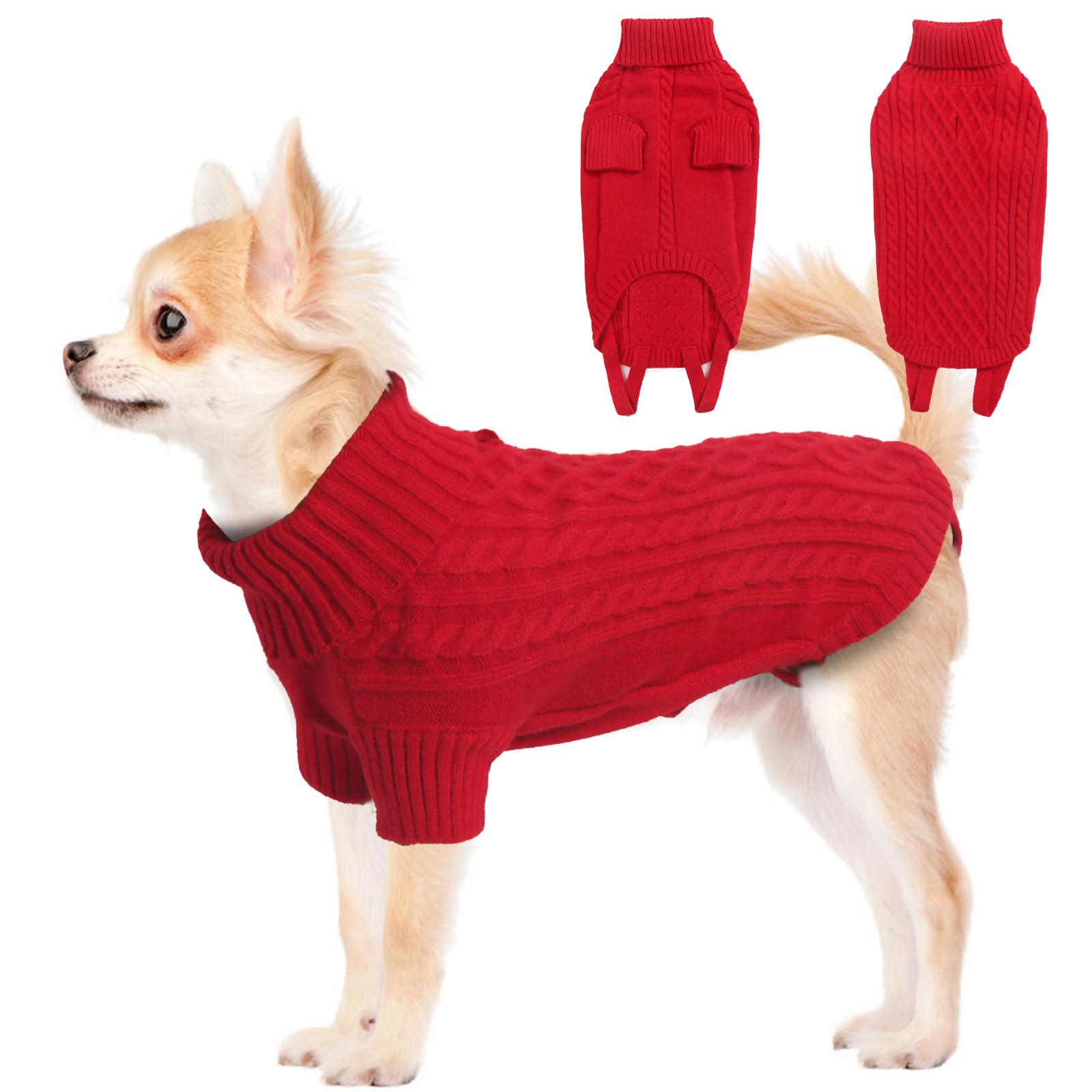 LiebeDD Small Dog Jumpers, Turtleneck Knitted Dog Sweater with Leash Hole Winter Warm Puppy Jumper for Small Dogs Cold Weather Knitwear for Chihuahua Sausage Yorkshire Terrier, Bright Red