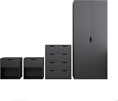 AFN Home Delvito 4 Piece Bedroom Set - Wardrobe, Chest & Cabinet - Black