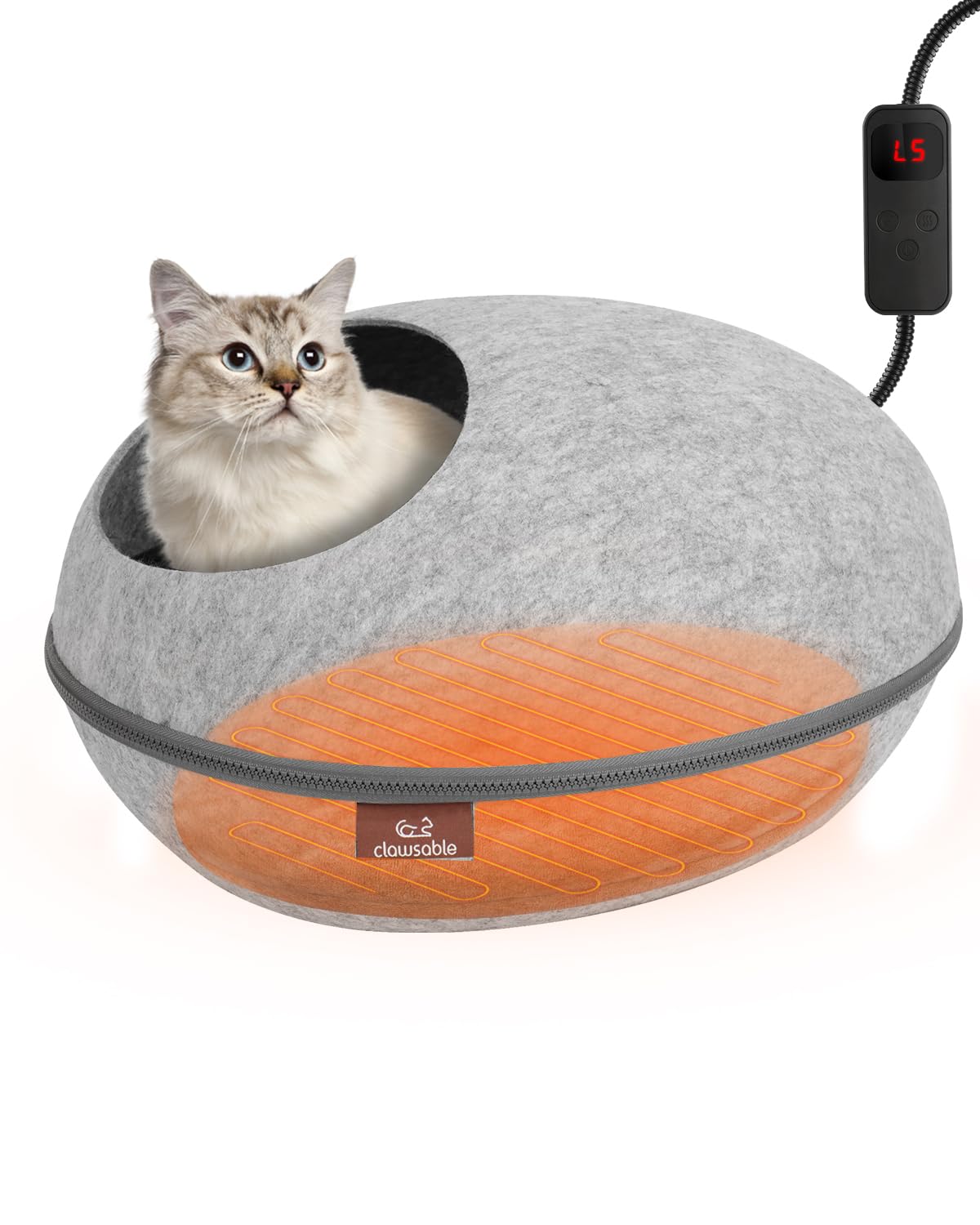 Photo 1 of clawsable Heated Cat Bed for Large Cats, 19" Detachable Cave Heated Pet Bed with Time & Temp Adjustable Pet Heating Pad for Indoor Cat, Electric Cat Bed Heater Warmer for Cat