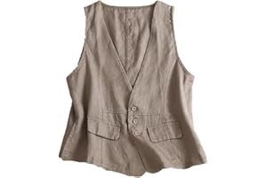 YOUNIFIZ Womens Linen Vest Casual Sleeveless Button Down Linen Blazer Lightweight V Neck Jacket Waistcoat Vest with Pocket